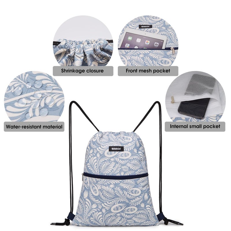 WANDF Drawstring Backpack String Bag Sackpack Cinch Water Resistant Nylon for Gym Shopping Sport Yoga (Light Blue Leaf with zipper) - Image 3